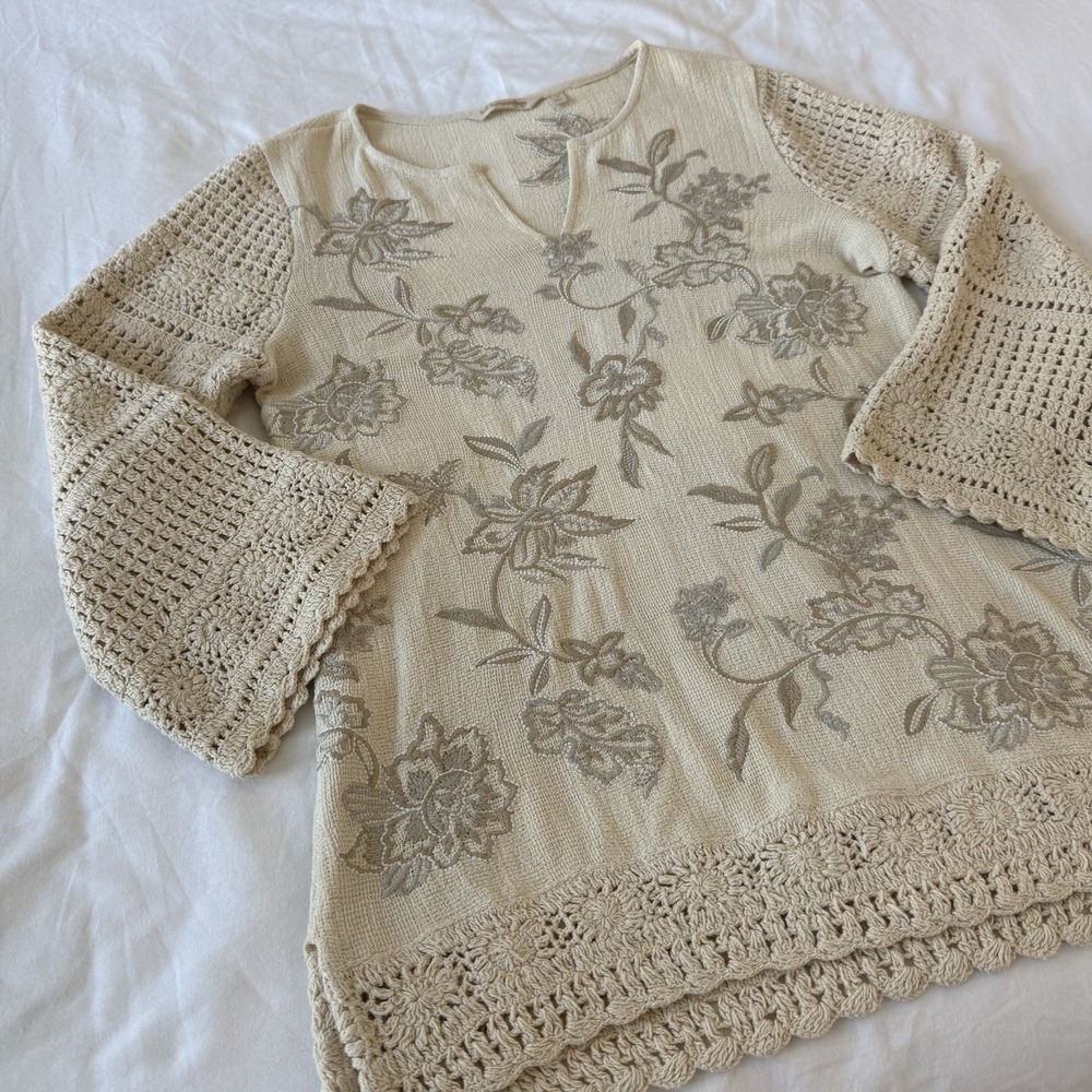 Soft Surroundings Embroidered Tunic Blouse Beige Crochet Bell Sleeve Cotton S